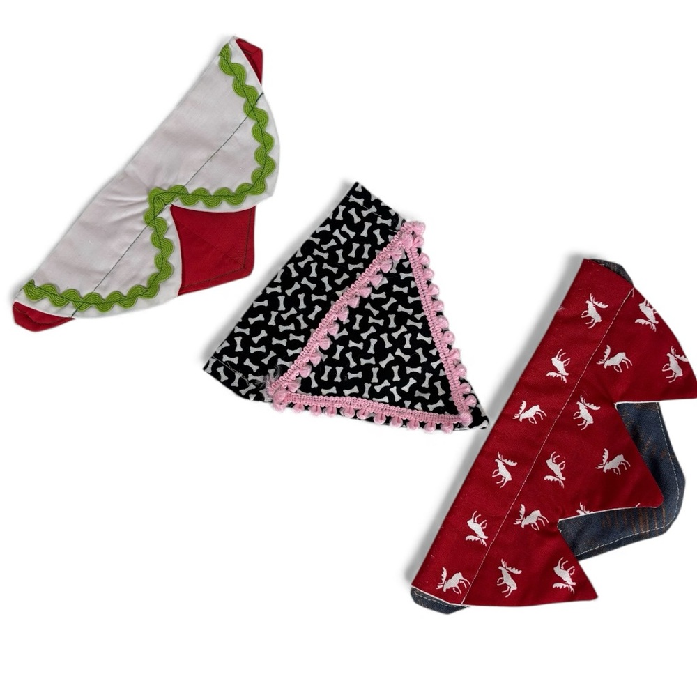 Handmade Christmas Dog Collar Bandanas Set of 3 – Size Small 7"x5"